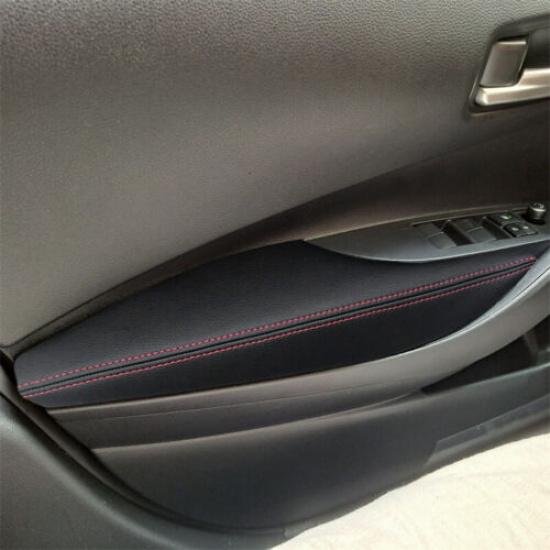 Black Leather & Red Stitches Door Armrest Cover For Toyota Corolla -
