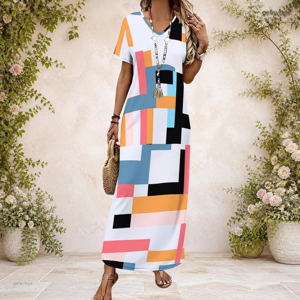 Women Plus Size V Neck Short Sleeve Black Printed Straight Maxi Dress