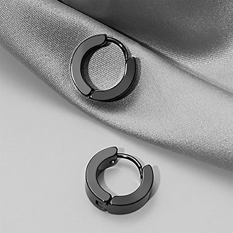 4 Pairs Mens Black Round Disc Huggie Hoop Stud Earrings Stainless Steel Faux Gauges Ear Tunnel Piercing Hypoallergenic Jewelry