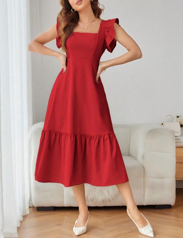 European and American summer new medium and long solid color splicing square neck dress A-shaped skirt