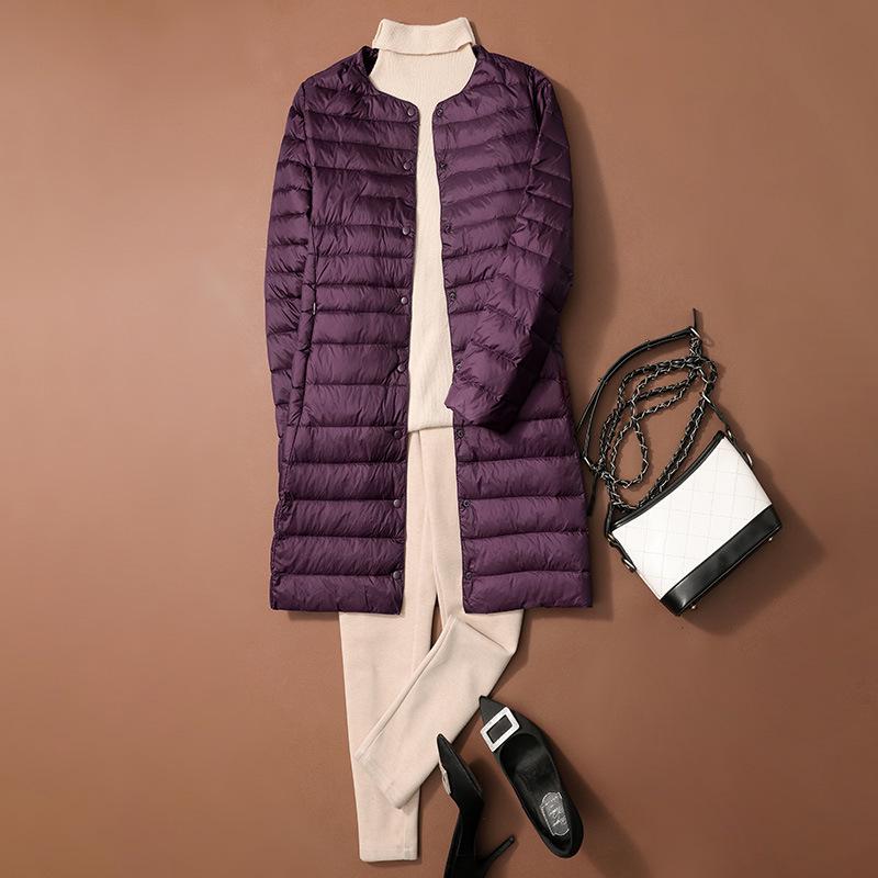 

Женский пуховик средней длины, легкий, с отложным воротником, осень/зима, стиль от круглого до V-образного выреза. 4XL фиолетовый