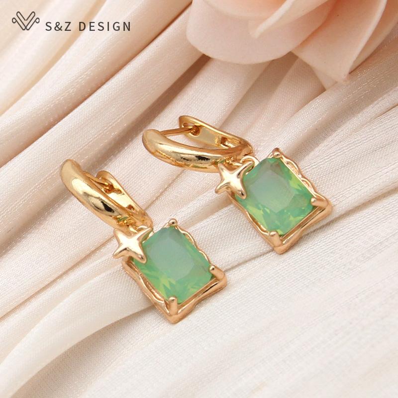 Fashion Rectangle Green Artificial Crystal Drop Earrings For Women Trendy Elegant Champagne Gold Color Jewelry