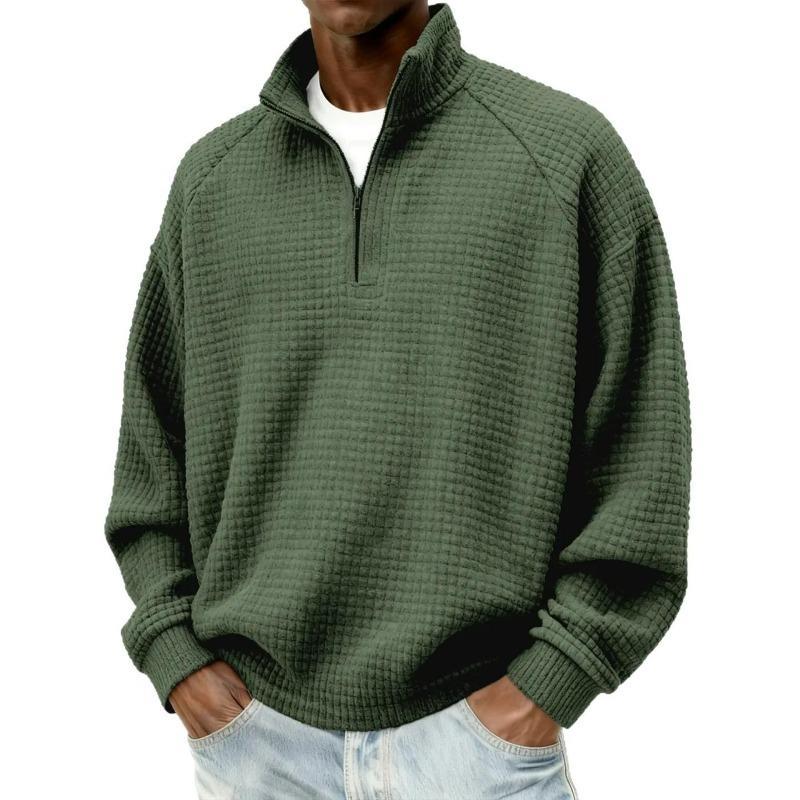 Men's Vintage Check Textured Zip Sweatshirt Stand Collar Long Sleeve Casual Pullover