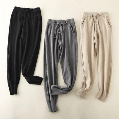 Women Autumn Loose Slim Elasticated Waist Knit Casual Harlan Trousers For Ladies Solid Color Lace Pant
