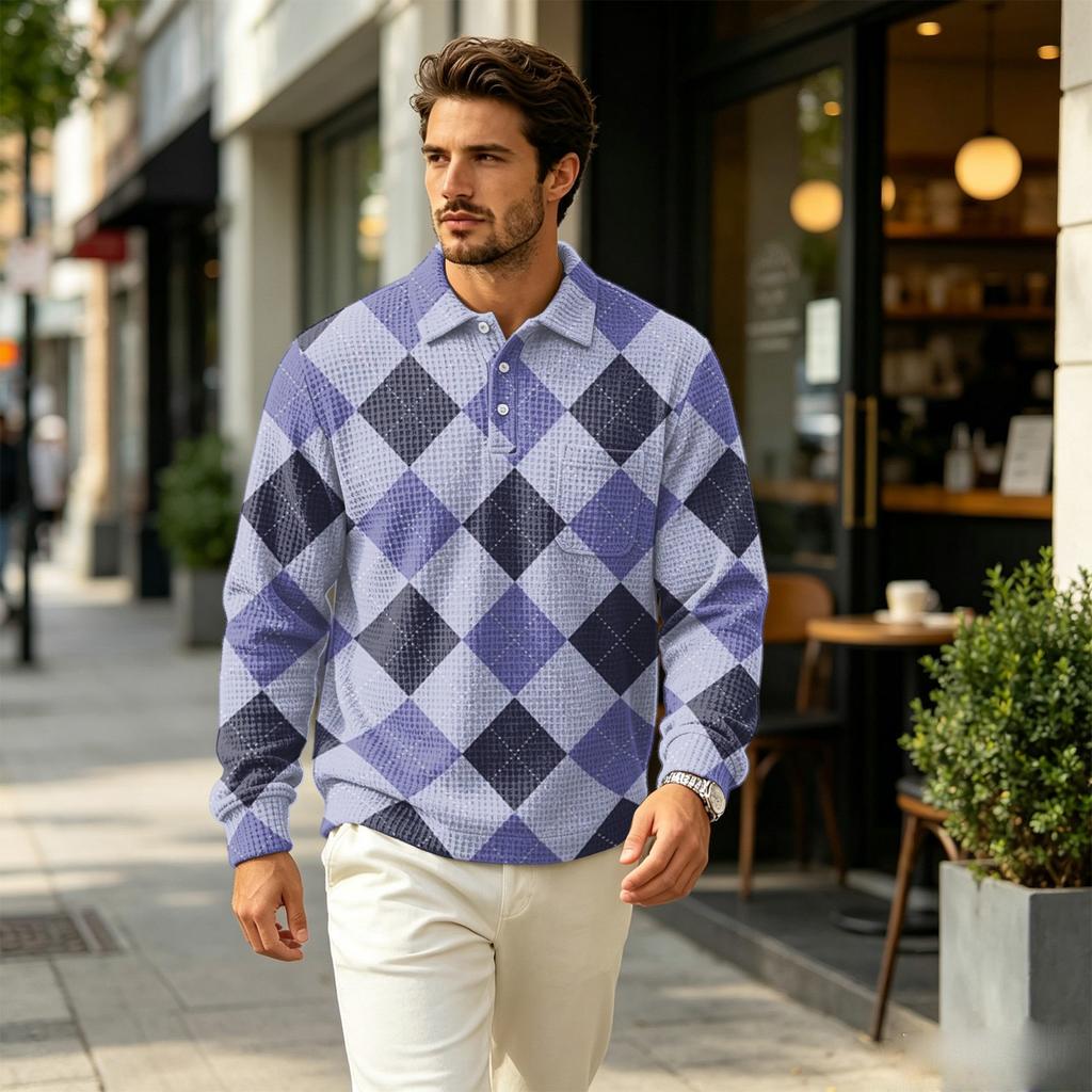Men's Fall Casual Outdoor Knit Pullover Long Sleeve Collared Top with Pocket, Printed