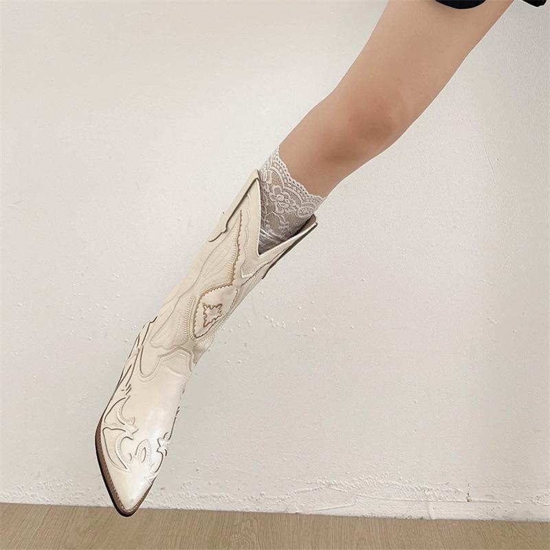 Beige retro v-mouth thick-heeled boots women's summer 2025 new thin-skinned western cowboy knight boots