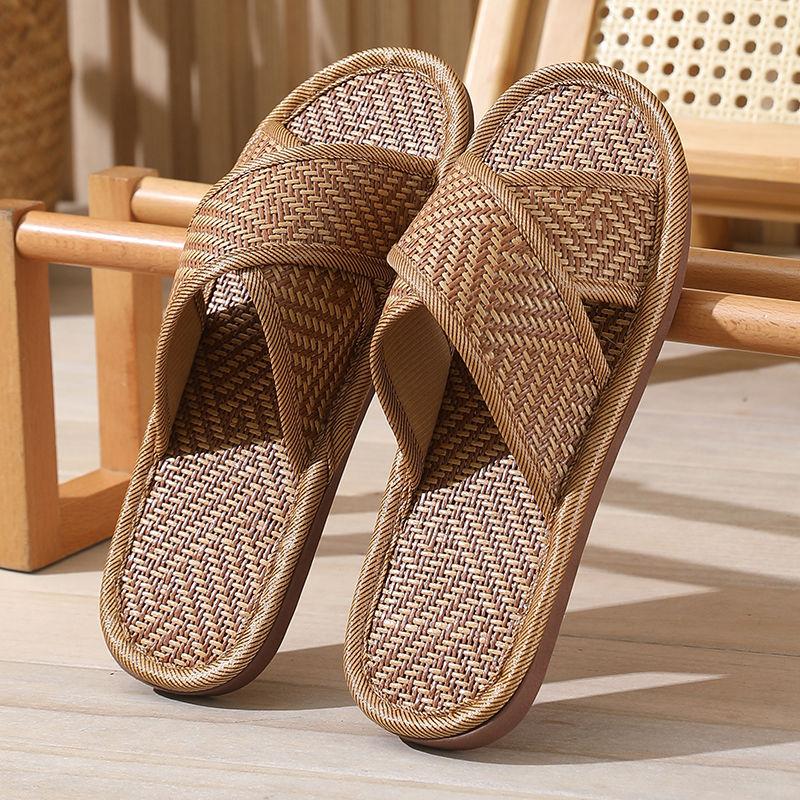 Cross Woven Bamboo Linen Indoor Home Thick Bottom Anti Slip Home Couple Floor Slippers