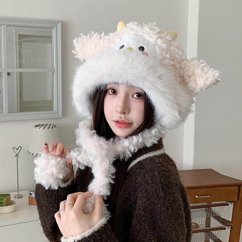 Winter Plush Cartoon Sheep Beanie Hat With Ear Protection For Girls And Kids