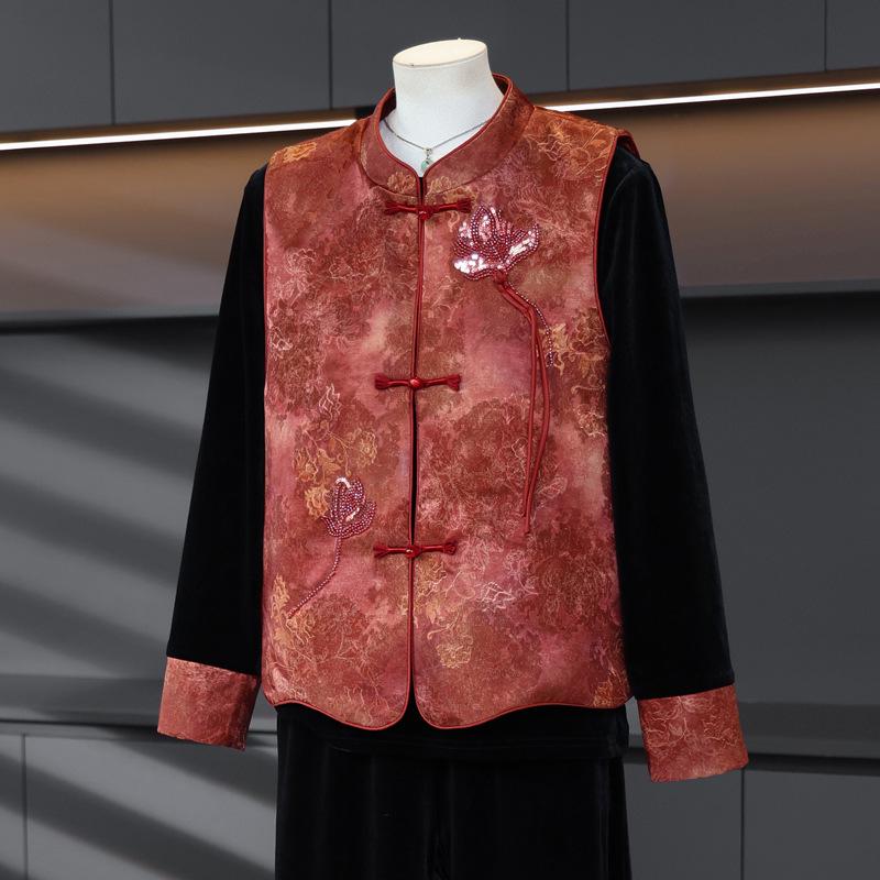 Spring Elegant Chinese-Style Velvet Three-Piece Suit for Middle-Aged and Elderly Women