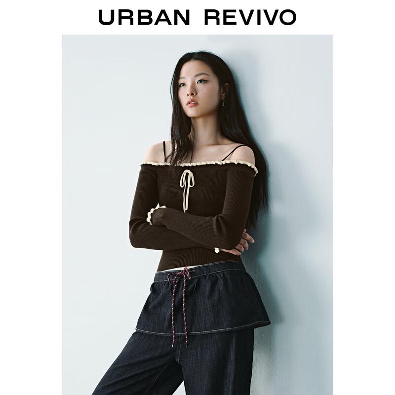 UR 2025 Frühling Damen Kontrast Schleife Off-Shoulder Stricktop