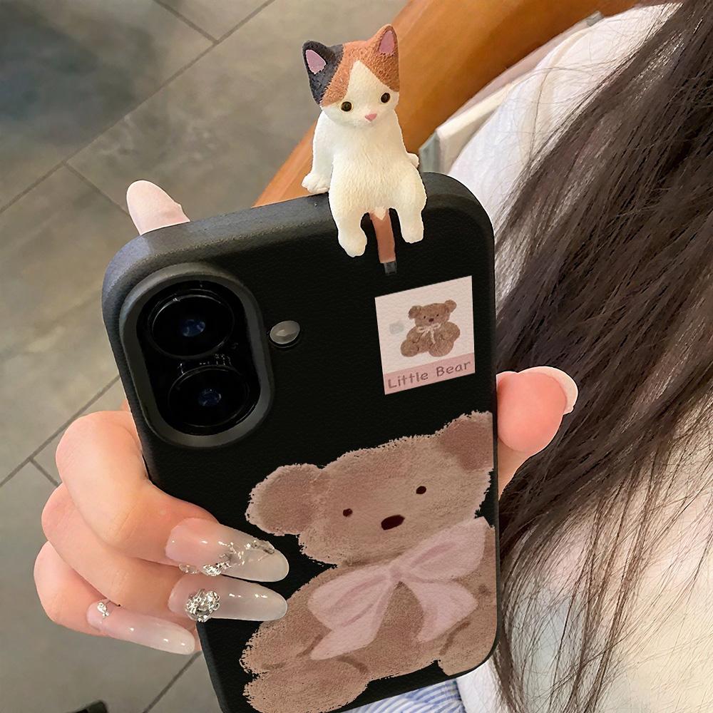 

3D Чехол для телефона для iPhone 11 13 17 Pro Max 17 Air Case iPhone 13 15 16 Pro Max 12 14 Pro Max 14 15 Plus Милый 3D Котенок Мультяшный Кожаный iPhone 17 Air чёрный