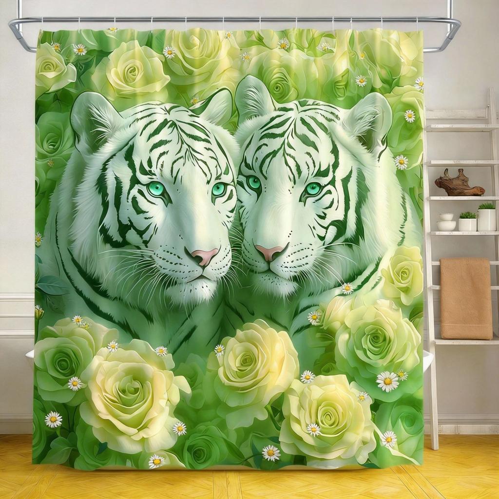 Tiger und Rose Duschvorhang 180x180cm – Weißer Tiger mit Blauen Augen, Rosa Blumendekor für das Badezimmer, 12 Haken
