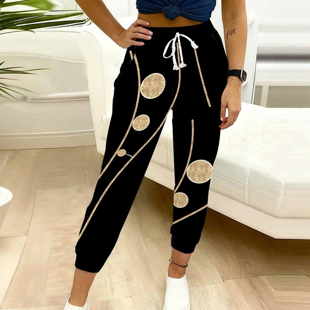 Dámské letní tepláky s geometrickým potiskem Volný střih Stahovací pas Joggers Elastický lem Denní ležérní kalhoty