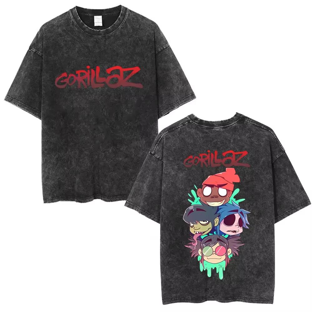 Washed Vintage Rock Band Gorillaz Album Graphic T-shirt Men's Women Hip Hop Fashion Oversized T Shirts Male Cotton Streetwear