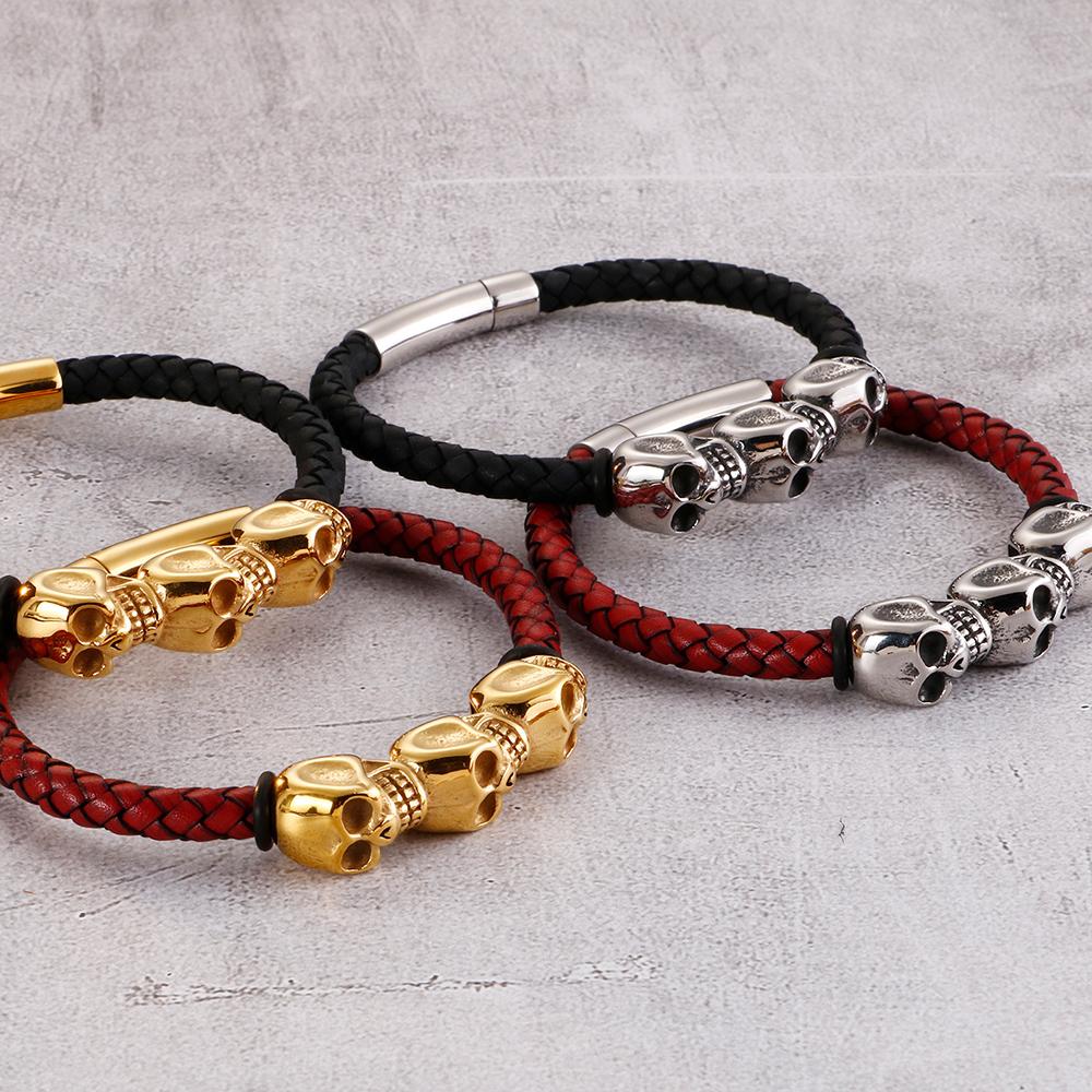 Bracelet tressé en cuir rouge noir pour hommes, en cuir de vache, Punk Rock gothique, en acier inoxydable 316L, bijoux tête de crâne