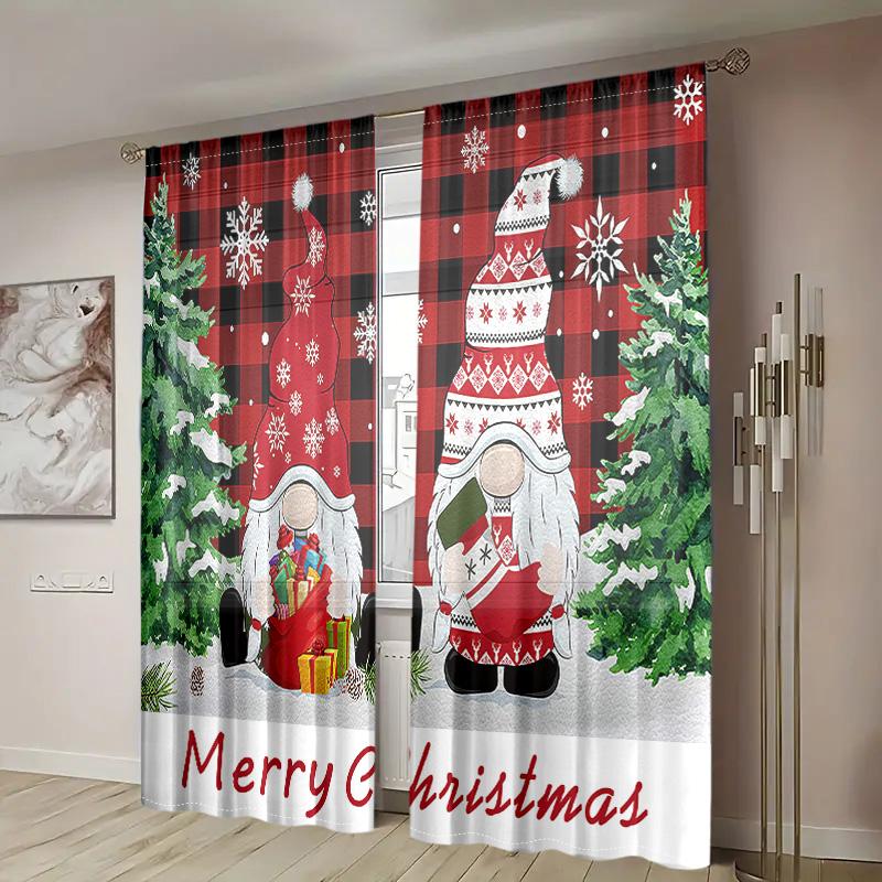 2 Pieces, Christmas Gnome Snowflake Grid Curtains -30% Blackout - Suitable for Living Room, Bedroom, Kitchen, Home Decoration