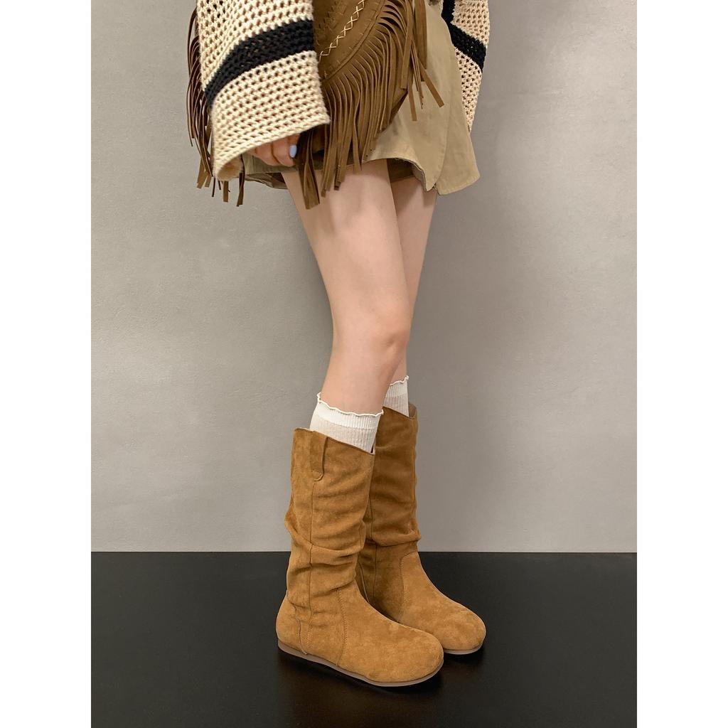 Brown retro flat boots children's boots 2025 new autumn versatile skirt Maillard stacking boots