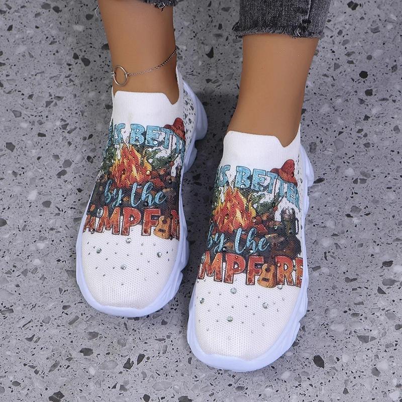 Fashion Graffiti Print Platform Sneakers for Women 2025 New Fashion Crystal Knitted Sports Shoes Woman Lightweight Low Top Sock Sneakers