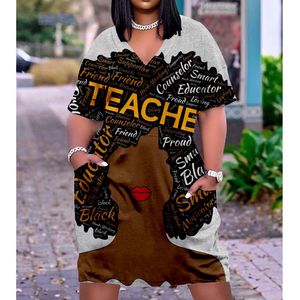 2026 digital printing cross-border temperament commuter skirt pullover V-neck dress