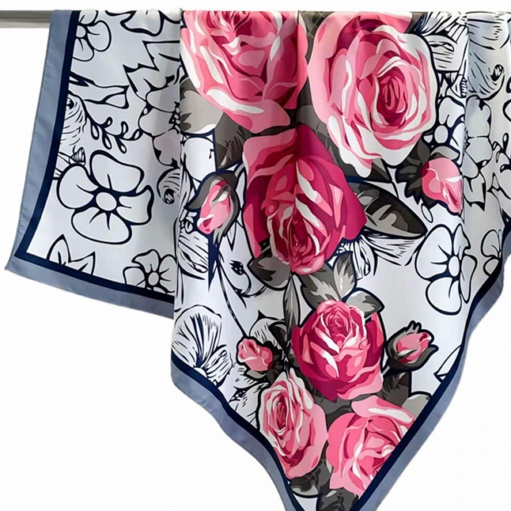 Women' Scarf 90X90 "Rose Garden" - Elegant Scarf with Roses, Imitation Silk