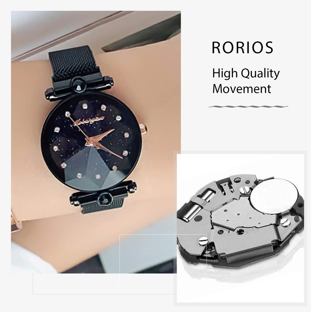 RORIOS Watch Magnetic Mesh Band Sparkling Crystal Starry Sky Stylish Fashion Quartz Watch for Women Analog Watch Black Women's