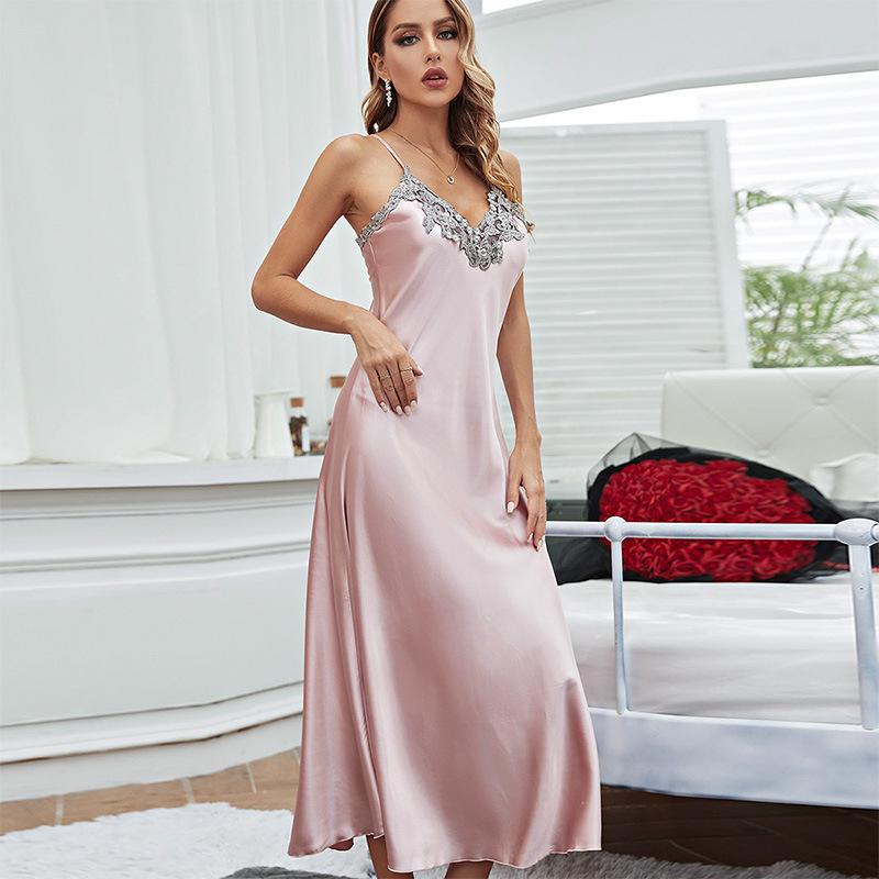 Summer comfortable simulated silk nightgown women's sexy suspender nightgown ice silk pajamas nightgown long skirt loungewear