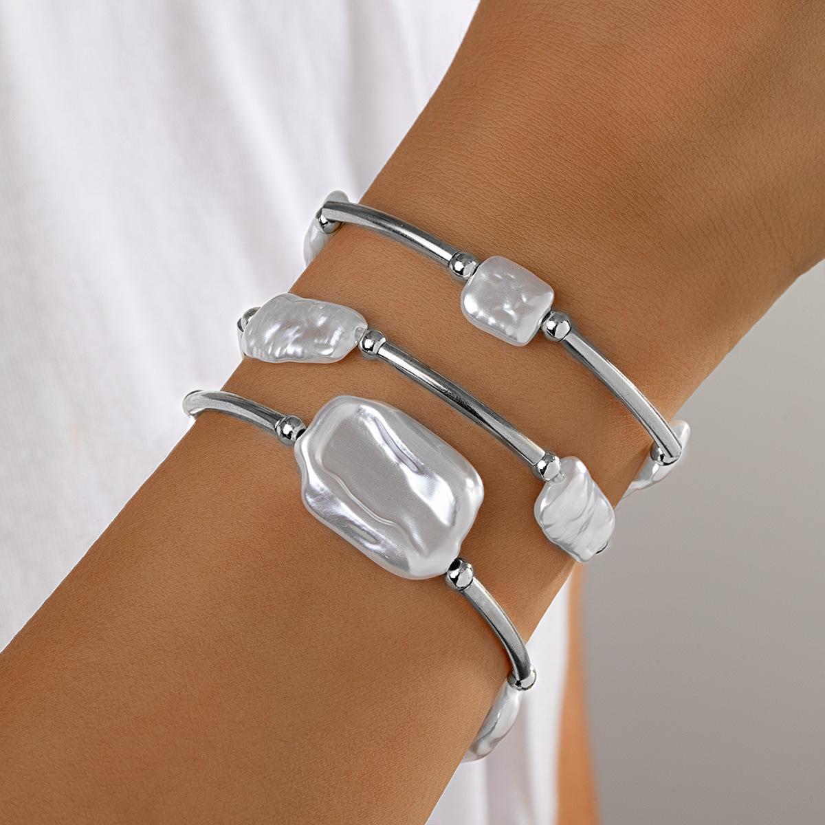 

3pcs Set Temperament Luxury Irregular ABS Imitation Pearl Elastic Bracelets for Women Fold Wear Multi-piece Bangles Jewelry Sets
