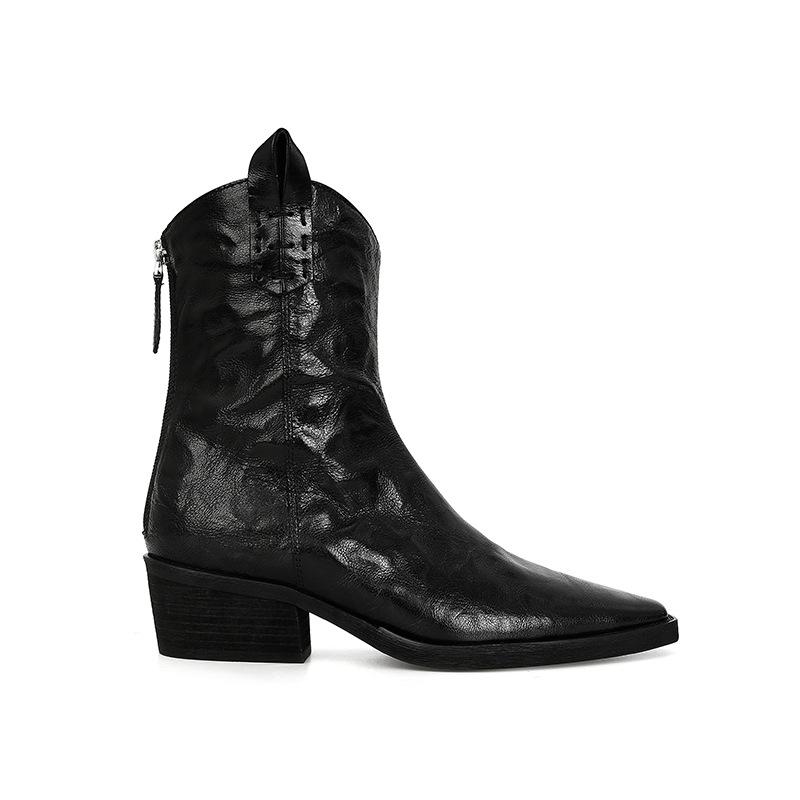 [] Asian Babes~ Retro Pointed V-mouth Thick Heel Pleated Western Cowboy Boots Women's Short Boots