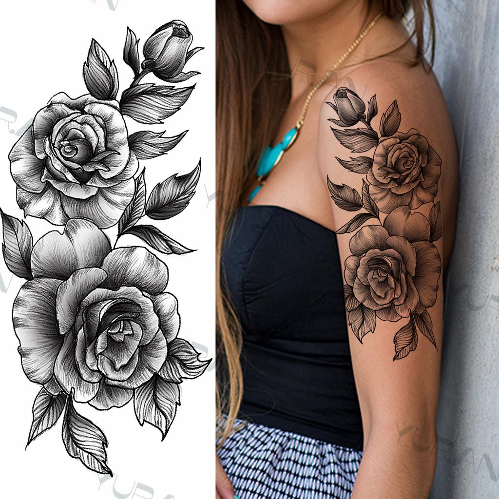 Zwarte Grote Slang Bloem Fake Tattoo Sticker Voor Vrouwen Dot Rose Pioen Tijdelijke Tattoos DIY Water Transfer Tatoos Meisjes