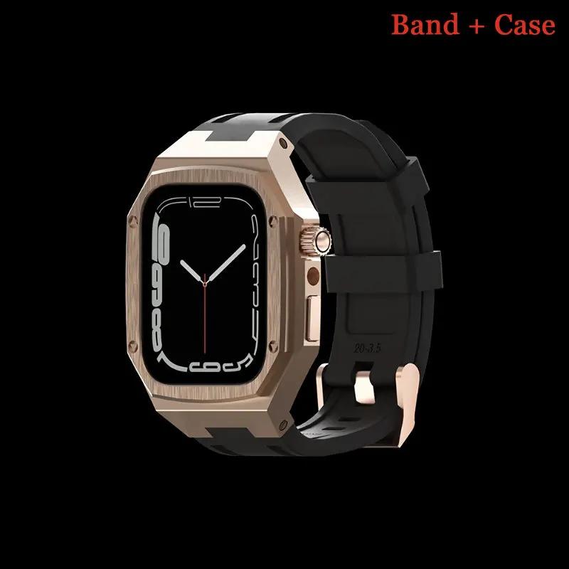 Luxury Modification Kit For Apple Watch 8 7 44mm 45mm 40mm 41mm Stainless Steel Case Rubber Sports Strap For IWatch Series 6 5 4