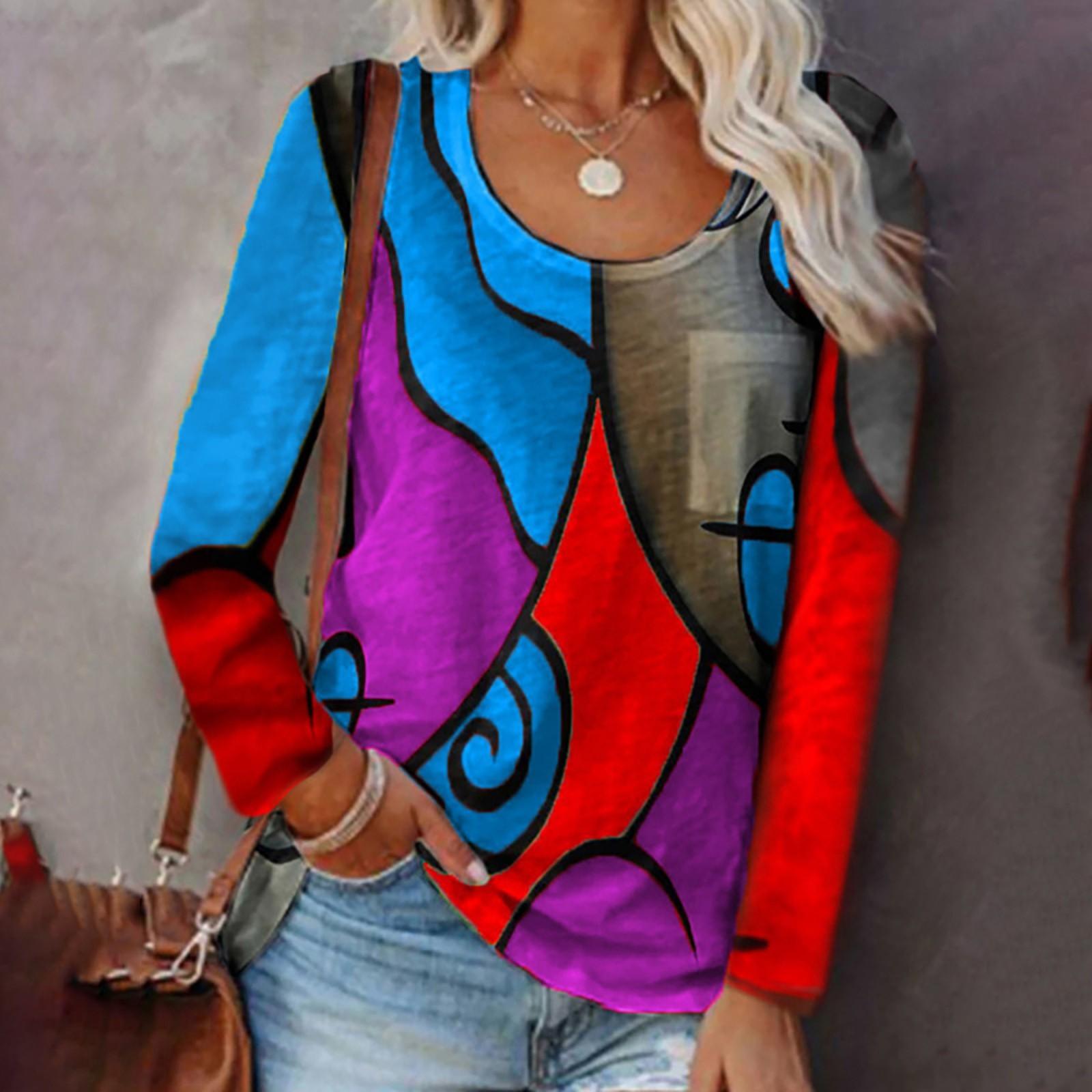 Fashion Collision Stitching Geometric Print Casual Long-Sleeved T-shirt Female S синий