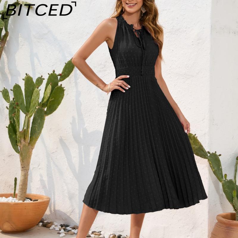 BITCED High-Waisted Pleated Fringe Dress with Tie Detail Sleeveless Summer Dress Casual Vacation Travel Dress