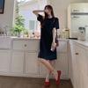 Großformatiges Sommer-Retro-Schicht-Häkelkleid & Schwarzes T-Shirt Set für Damen