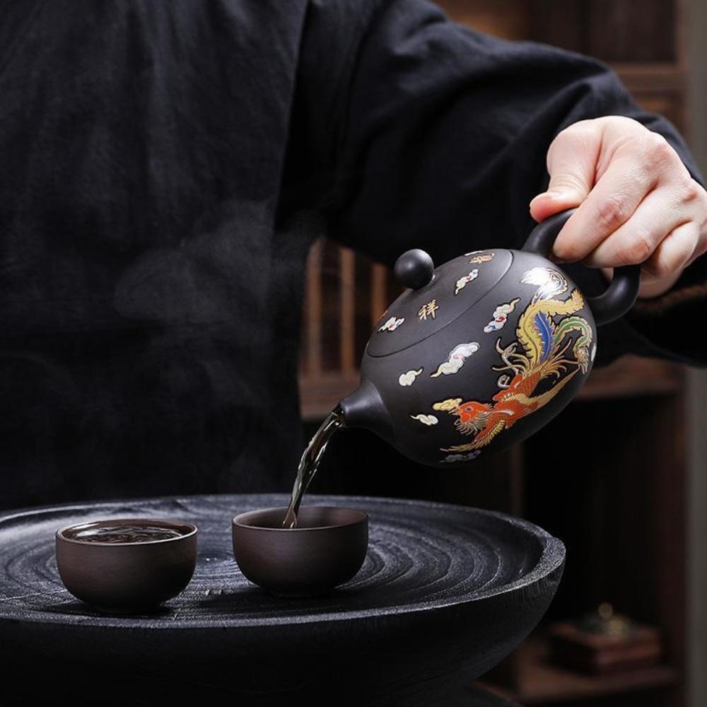 Dragons Phoenixs Pattern Changes Color Purple Clay Teapot Chinese Style Tea Infuser  Tea Room