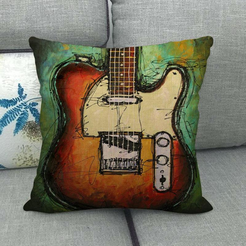 Vintage musical instrument watercolor guitar Digital printing short plush pillow covers for car sofa office cushion cover