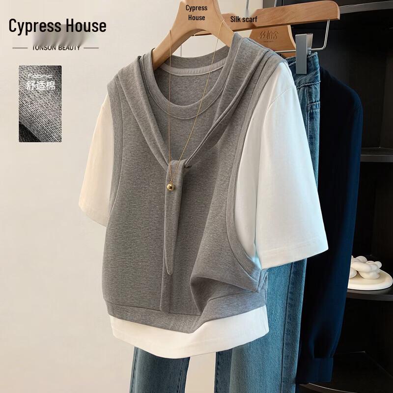 Women s Faux Two-Piece Spliced Short Sleeve T-Shirt L