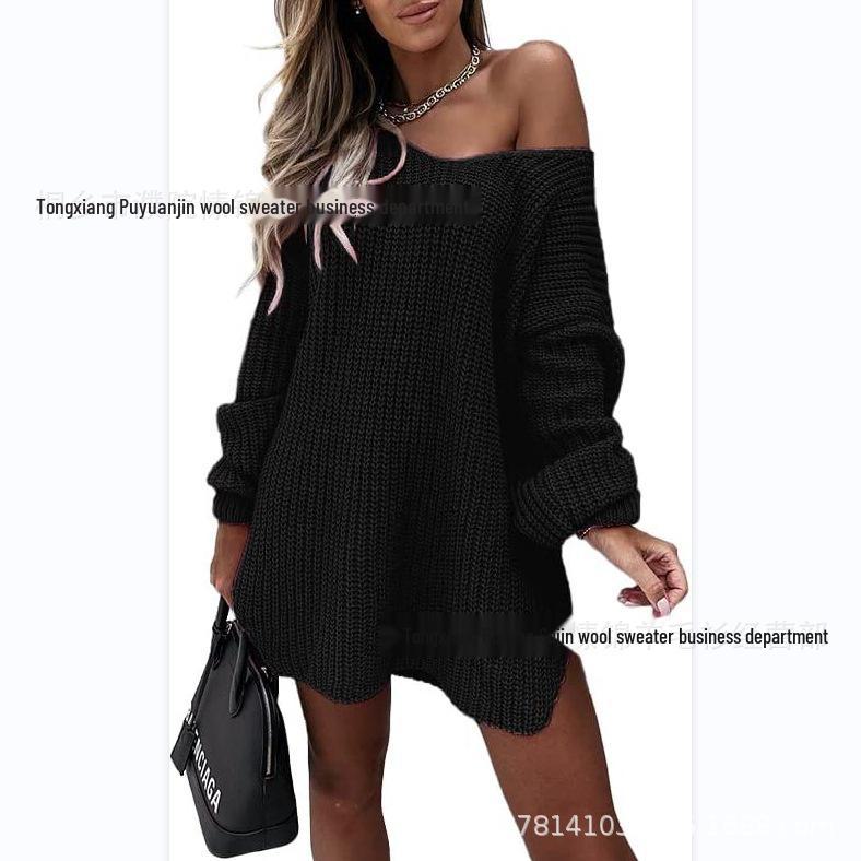 Mid-Length Off-Shoulder V-Neck Loose Knit Sweater with Bottom Slit