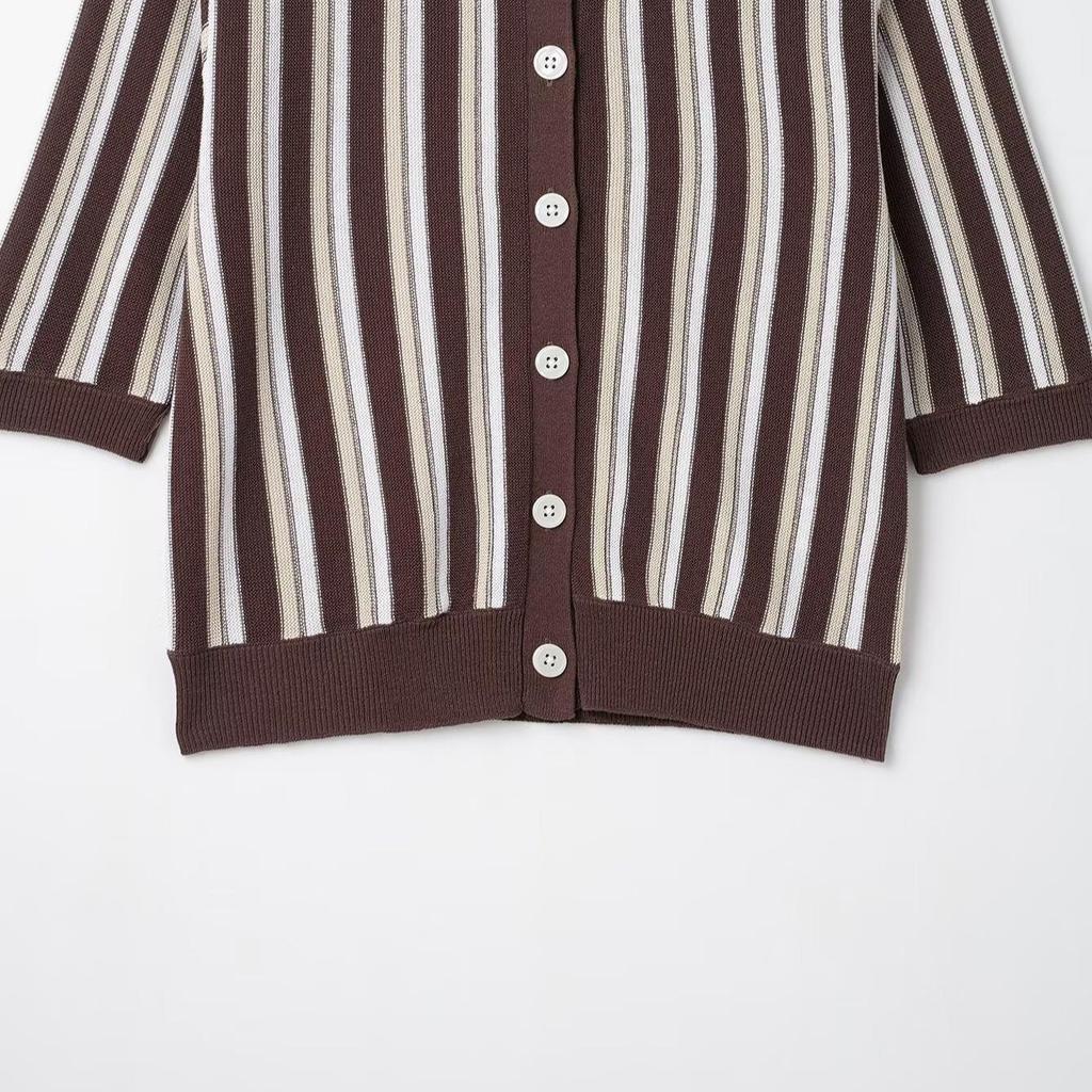Spring 2025 Women's European & American Striped Knit Polo Cardigan