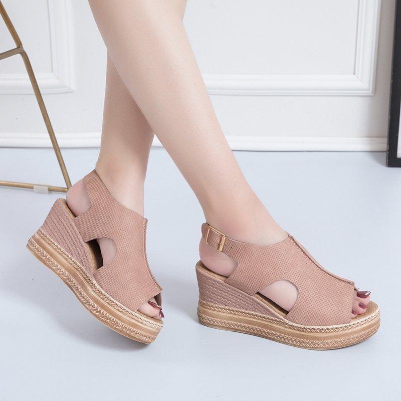 Wedge Heel Sandals Women's Summer Large Size One-word with Splicing Fish Mouth Women's Sandals Fashion Empty Women's Shoes