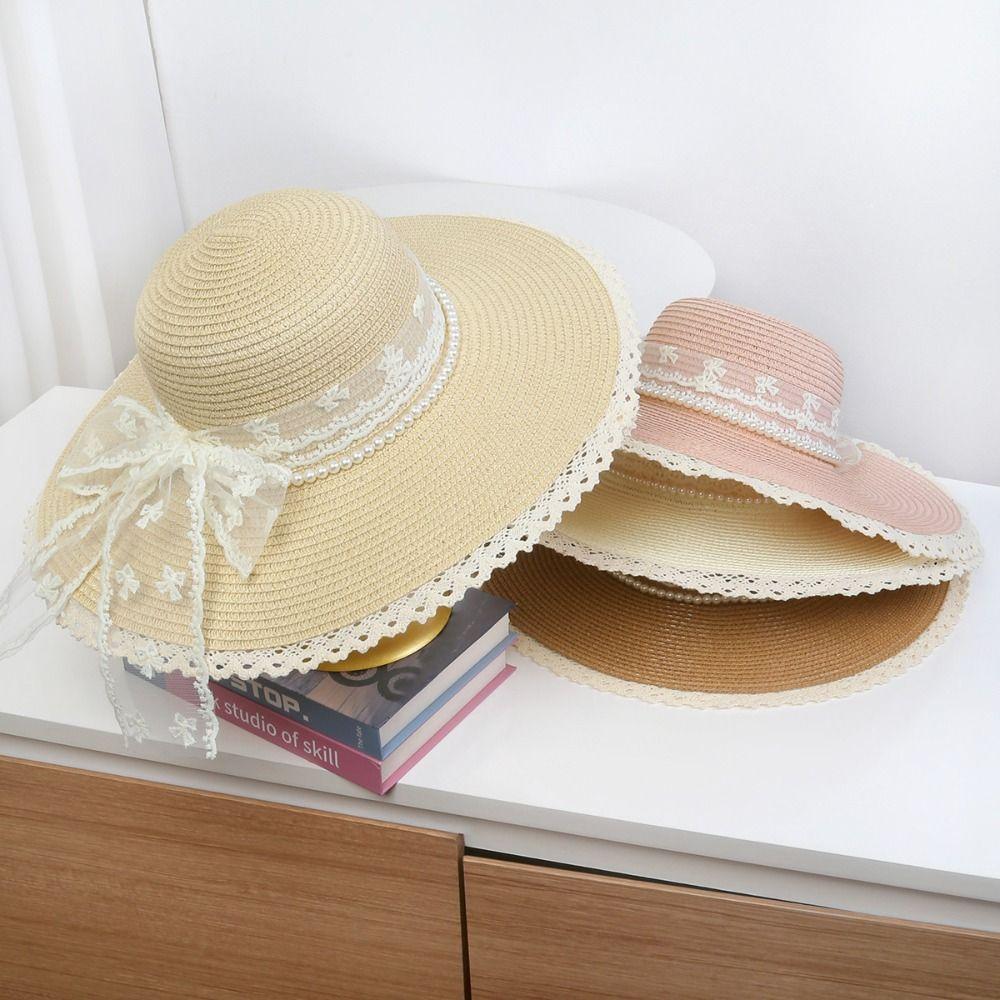 Breathable Wide Brim Straw Hat Elegant Lace Tied Sun Hat Stylish Beach Hat  Girls
