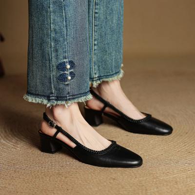 New Thick Heel Medium Heel Sandals Summer Casual Bag Head Sandals Women's Casual Solid Color Large Size Shoes Beef Tendon Soft Sole Comfortable