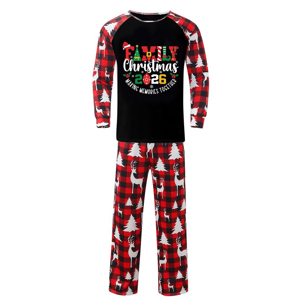 Family Matching Christmas Print Pajama Set with Round Neck Long Sleeve Top and Long Pants