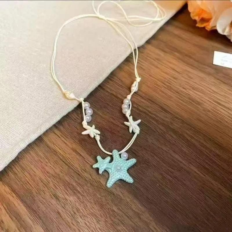 1 Pcs Ocean Style Necklaces With Starfish Shell Faux Pearl Charms For Summer Beach Vacation Daily Wear Handmade Jewelry