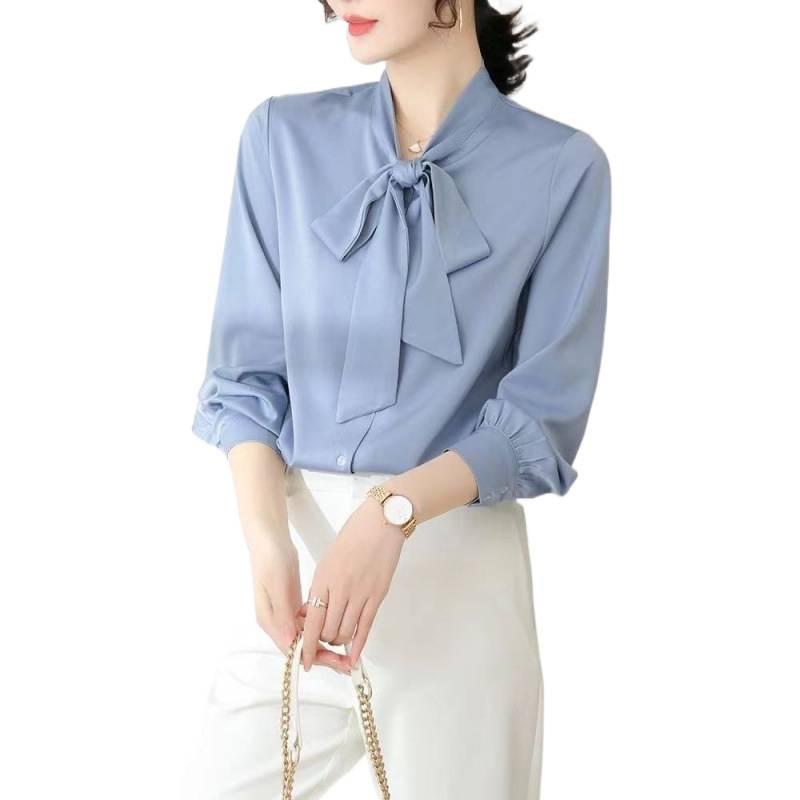 Acetate Satin French Court Shirt: 2025 Spring/Autumn Bow-Tie Blouse