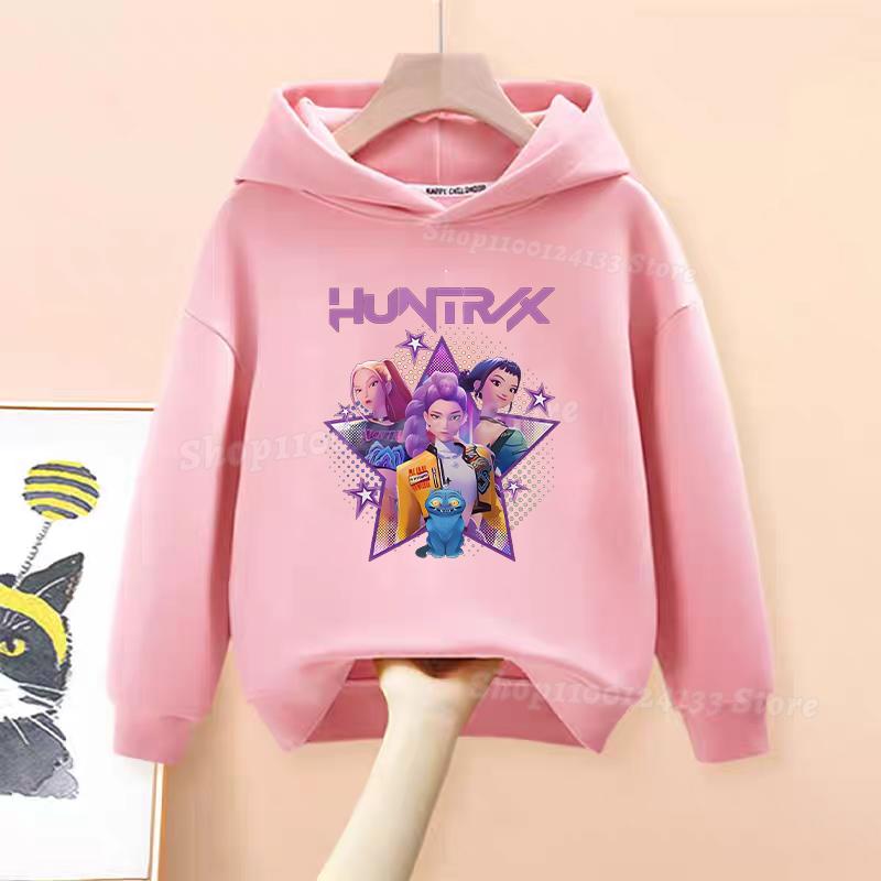 Demone Hunter Girl's Pink Hooded Streetwear Autumn Cute Anime Baby Pullover Kids Y2K Kawaii Long Sleeved T-shirt Casual Clothes