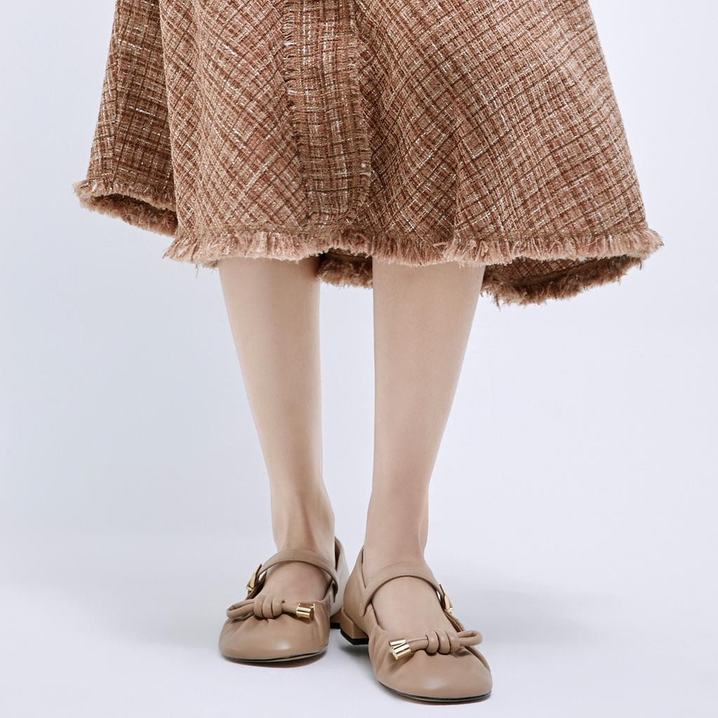 Charles & Keith Leather Knot Decoration Chunky Heel Mary Jane Shoes 1.9cm Women shoes Nude SL1-70920010_NUDE