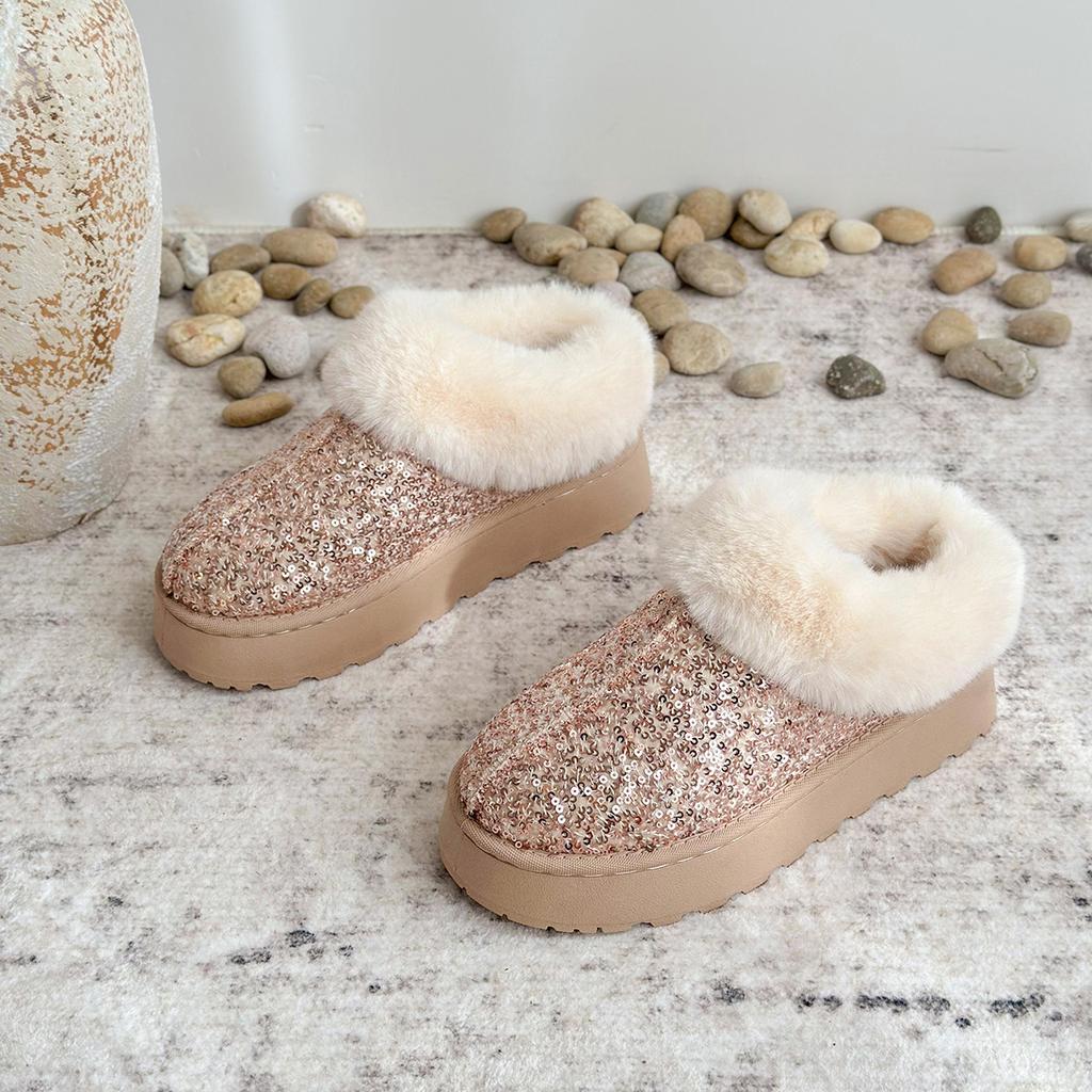 Fashion Faux Fur Winter Boots Women 2025 Fashion Shoes Sequined Cloth Warm Snow Boots Woman Non-Slip Thicken Plush Ankle Booties