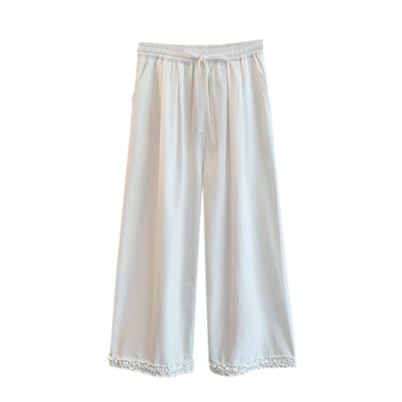 

Белые кружевные брюки прямого кроя женские 2025 лето новый литературный стиль кулиска эластичная талия хлопок повседневные брюки 2XL белый