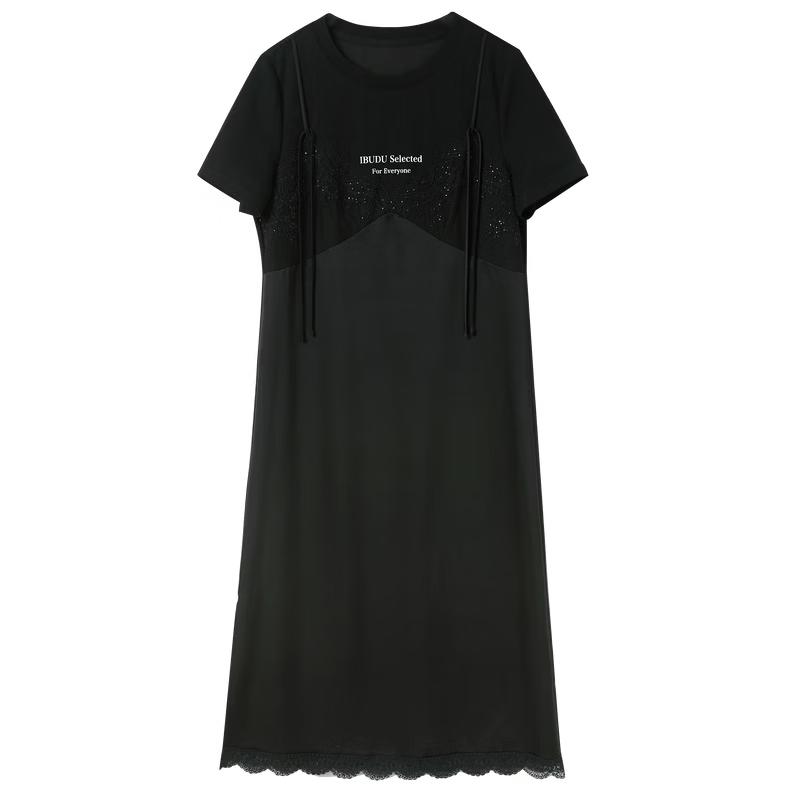 Sancai 2026 Spring Faux Two-Piece Short Sleeve Dress M