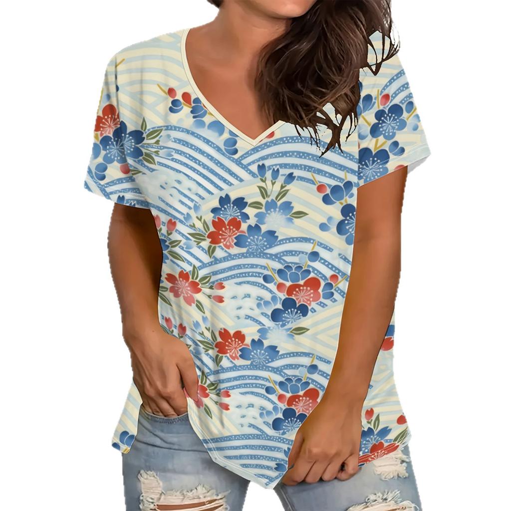 Summer Women's Casual V-neck Short Sleeved T-shirt Strawberry Flowers 3D Printing Fashionable Comfortable Breathable Loose Sports Versatile T-shirt
